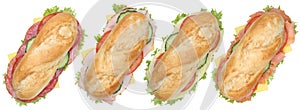 Collection of sub deli sandwiches baguettes with ham and cheese