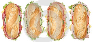 Collection of sub sandwiches baguettes with salami, ham and cheese top view isolated