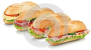 Collection of sub sandwiches baguettes with salami, salmon, ham photo