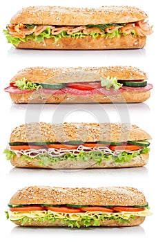 Collection of sub sandwiches with salami ham cheese salmon fish