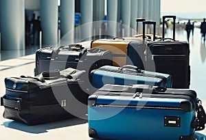 collection of suitcases and travel bags on a transport belt at the airport, bags of different styles,