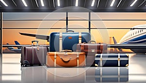 collection of suitcases and travel bags on a transport belt at the airport, bags of different styles,