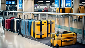collection of suitcases and travel bags on a transport belt at the airport, bags of different styles,