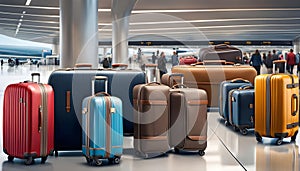 collection of suitcases and travel bags on a transport belt at the airport, bags of different styles,