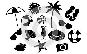 Collection of summer and beach icons on white background