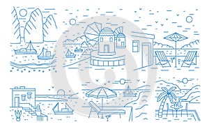 Collection of summer landscapes with sea or ocean, mountains, sailing yachts and seaside resort drawn with contour lines