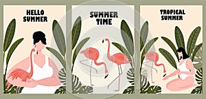 Collection of summer tropical cards. Vector illustration. Beautiful template. Can be used for banner, poster, card, postcard and p