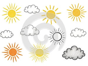 Collection of sun and cloud illustrations in various styles