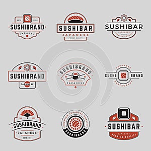 Collection sushi bar minimalist vintage logo line vector Japanese food cafe restaurant emblem