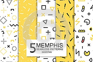 Collection of swatches memphis patterns - seamless. Fashion 80-90s.