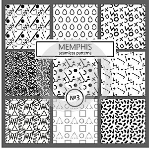 Collection of swatches memphis patterns - seamless. Fashion 80-90s. Black and white mosaic textures.