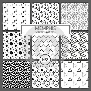 Collection of swatches memphis patterns - seamless. Fashion 80-90s. Black and white mosaic textures.