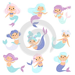 Collection of Sweet Little Mermaids, Lovely Fairytale Girl Princess Mermaid Characters Vector Illustration