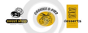 Collection of sweet shop & desserts logo design with hand drawn donut, cookies, cupcakes and macarons illustration.