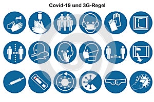 Collection of symbols for Covid-19 and the 3G rule