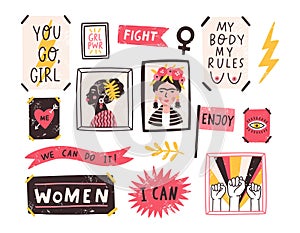 Collection of symbols of feminism and body positivity movement. Set of colorful stickers with feminist and body positive