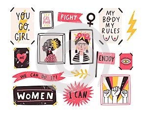 Collection of symbols of feminism and body positivity movement. Set of colorful stickers with feminist and body positive photo