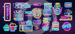 Collection of symbols, signs or signboards glowing with colorful neon light for poker club, casino, pizzeria, Chinese