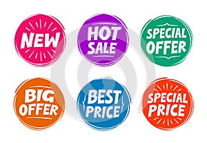 Collection symbols such as Special offer, Hot sale, Best price, New. Icons