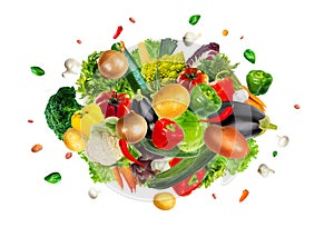 Collection of tasty fresh vegetables mix explosion on an isolated white background