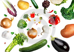 Collection of tasty fresh vegetables mix flying on an isolated white background