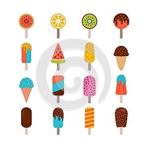 Collection of tasty ice cream. Set of ice cream cones and popsicle with different topping. Vanilla and chocolate dessert