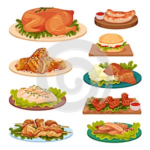 Collection of tasty poultry dishes, fried chicken meat, sausages, burger served on plates vector Illustration on a white