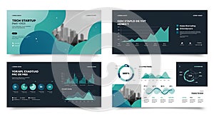 Collection of tech-themed presentation slides with charts and graphs. Each slide
