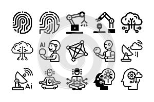 Collection of technology and artificial intelligence icons on a white background