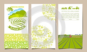 Collection of templates for agricultural brochures with tractor, fields, farm