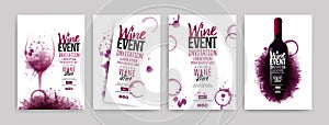 Collection of templates with wine designs. Brochures, posters, invitation cards, promotion banners, menus. Wine stains background