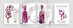 Collection of templates with wine designs. Brochures, posters, invitation cards, promotion banners, menus. Wine stains. CMYK