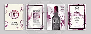 Collection of templates with wine designs. Brochures, posters, invitation cards, promotion banners, menus. Wine stains background