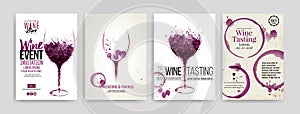 Collection of templates with wine designs. Brochures, posters, invitation cards, promotion banners, menus. Wine stains, drops.