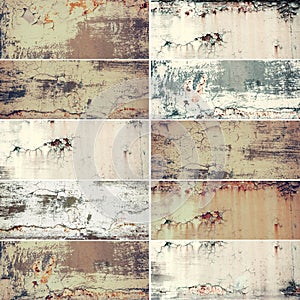Collection of ten narrow images with vintage grunge rusty old metal texture, abstract background