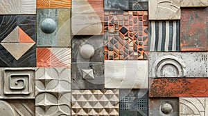 A collection of textured clay tiles each one handcarved with unique geometric patterns and painted with a muted color