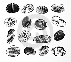 Collection of textured pebble stones hand drawn with ink. Traditional Japanese ink painting sumi-e.