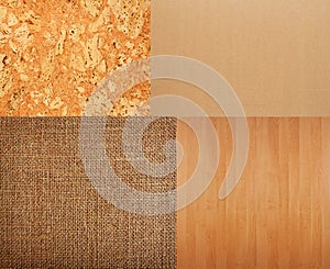 Collection of textures backgrounds - burlap, cork, timber, corru photo