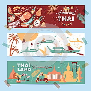 Collection of Thailand symbols in banners. Vector poster. Postcard in trend color. Travel illustration. Web banner of