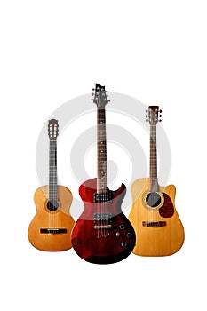 Collection of three guitars on a white isolated background.