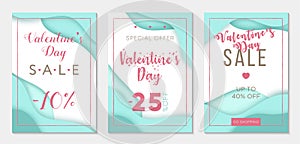 Collection of three sale banner templates to Valentine`s Day. Paper cut style. Blue backgrounds