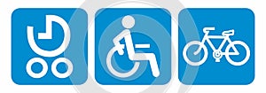 Collection three symbols, wheelchair, pram, bidycle, vector pistograms