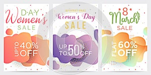 Collection of three Womens Day voucher templates for business, colorful abstract shapes backgrounds