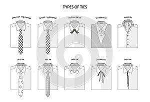 Collection of ties. Accessories for the neck. Strict business style. Reference information with titles. Black and white