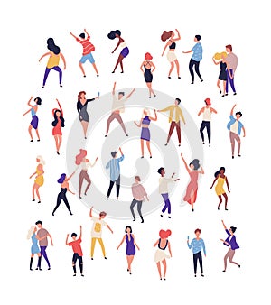 Collection of tiny people dancing on dance floor at night club isolated on white background. Joyful men and women having