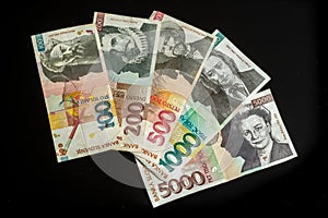 Collection of tolar bills of Slovenia, obsolete currency, no longer in use