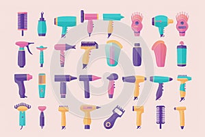 Collection of tools in bright colors arranged in rows on a clean pastel background
