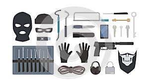 Collection of tools and equipment for theft, robbery, burglary, housebreaking - lock picks, padlocks, masks, rope photo