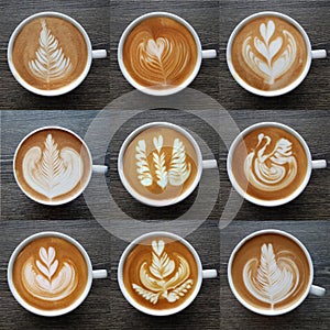 Collection of top view of latte art coffee mugs.