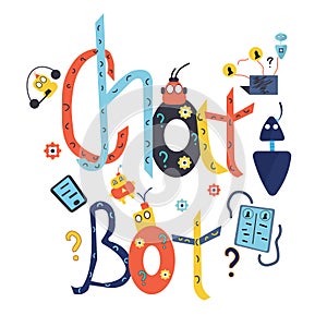 A collection on the topic of chat bot, a set of technological objects, a phone, a robot, a laptop, a tablet, gears. Illustration b